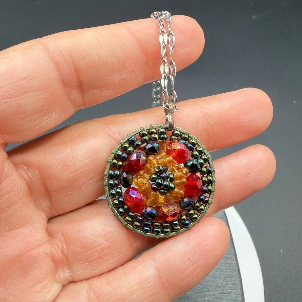 Multicolor Beaded Mosaic Pendant Necklace Stainless Steel Chain Boho Statement